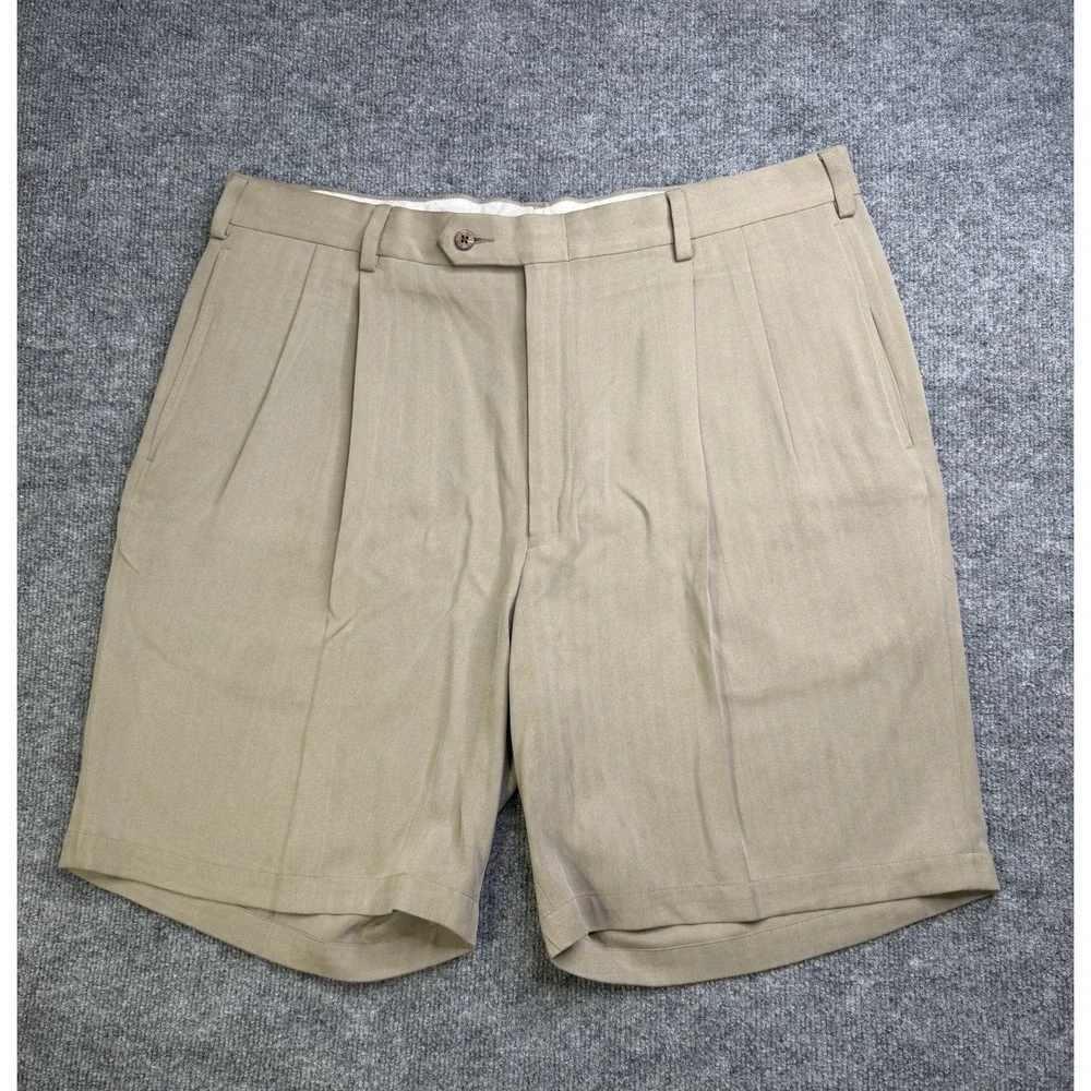 Jos. A Bank Men's Shorts 100% Silk Size 40 Beige Herringbone Pleated Chino VTG